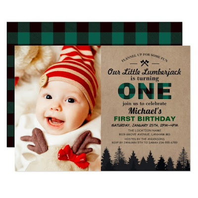  Lumberjack Green Plaid First Birthday Baby Photo Invitation