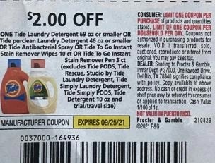 2.00/1 Tide Coupon from "PG" insert week of 8/29/21.