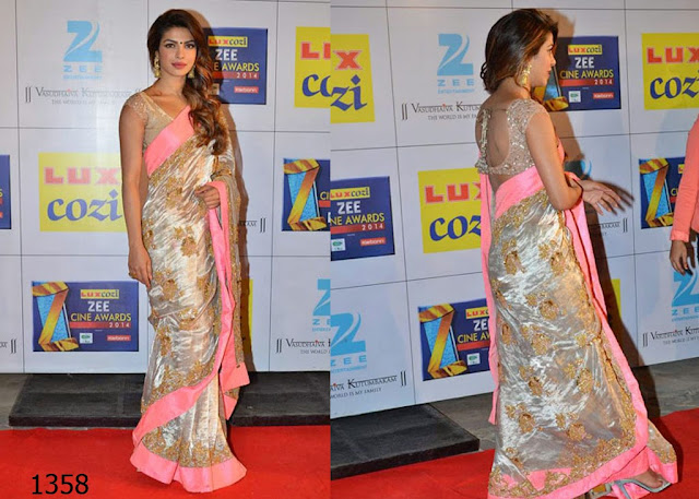 1358-Priyanka Chopra white-golden sequined saree with broad neon pink borders complimented her look1