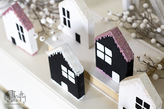 diy winter decor. Easy winter craft projects. Diy frosted winter village. DIY craft houses. Glitter craft ideas. Decorate after christmas ideas.