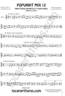 Partitura de Oboe Popurrí Mix 12 Partituras de Al Pasar la Barca, Mi Barba tiene tres pelos, El buen rabadan, Aur Clair de la luna Infanti Sheet Music for Oboe Music Score