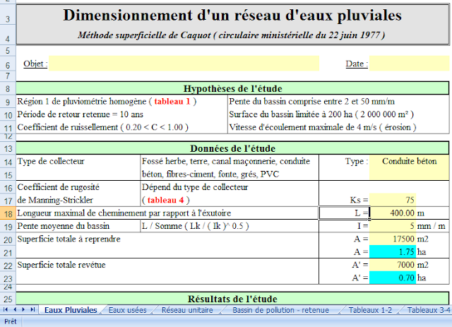 Programme EXCEL pour la dimensionnement des réseaux d'assainissement 