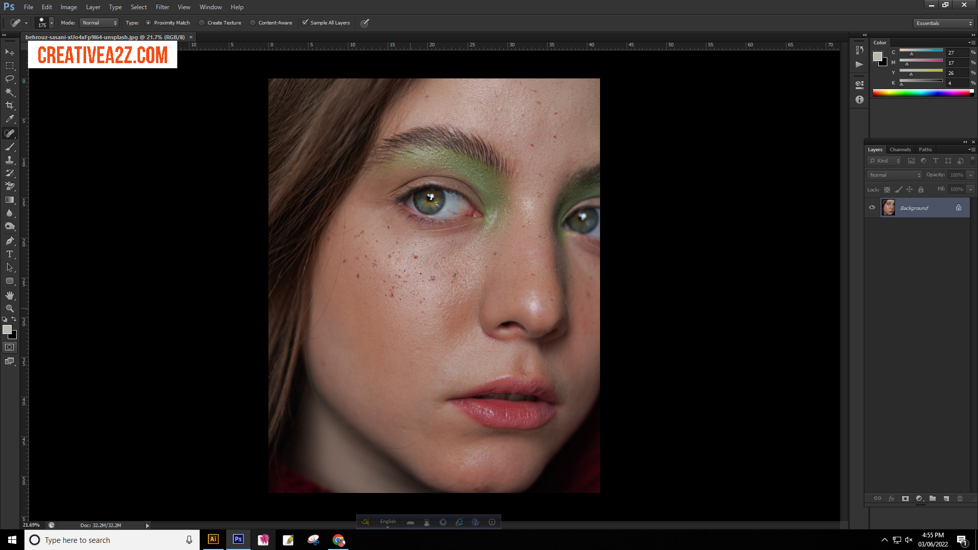 How to remove dark spots on face with Photoshop Healing Brush Tool(creativea2z)