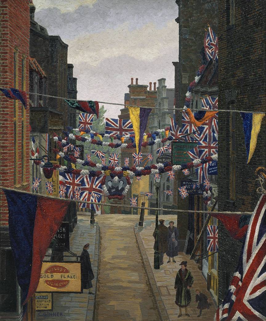 Charles Ginner: Flask Walk, Hampstead, on Coronation Day, 1937