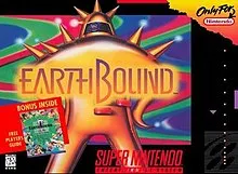 EarthBound showing yellow coloured robot on the snes box with many colours showing here