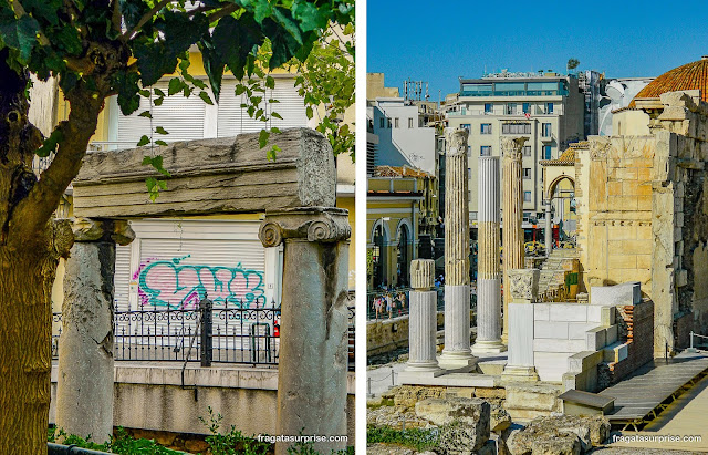 Atenas: Vestígios arqueológicos no jardim da Igreja de Santa Catarina, em Pláka e colunas antigas em Monastiráki