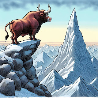 An editorial cartoon of a Wall Street bull standing on a small peak looking out at an even higher peak in the distance. Image generated with Microsoft Copilot Designer.