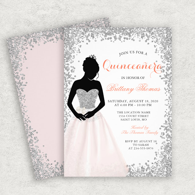  Pink Silver Glitter Quinceanera 15th Birthday Card