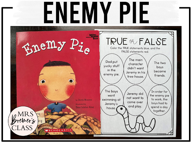 Enemy Pie book activities unit with literacy printables, reading comprehension companion worksheets, lesson ideas, and a craft for First Grade and Second Grade