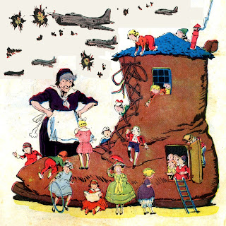 Comic book art of The Old Woman Who Lived in a Shoe, her hands on hips, glowering at her children running around the giant, dilapidated shoe-home. Above her 1940s era US bombers and fighters move through bursts of flack.