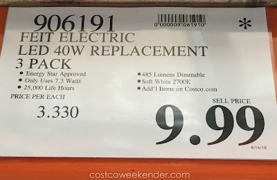 Deal for the Feit Electric 40 Watt LED Dimmable Replacement Bulbs (3 pack) at Costco