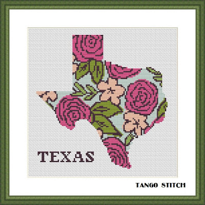 Texas floral map silhouette cross stitch pattern - Tango Stitch