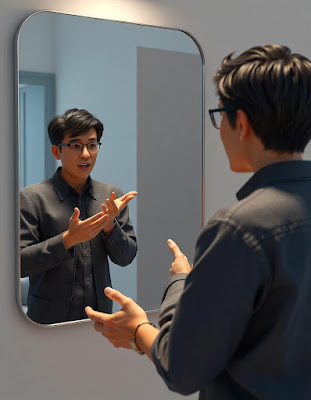 Person saying positive affirmations in front of a mirror”