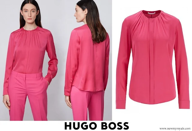 Queen Letizia wore Hugo Boss Banora silk blend blouse with gathered neckline