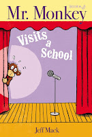 Cover of Mr. Monkey Visits a School, depicting a stage with Mr. Monkey anxiously peeking out from behind the curtain stage left.