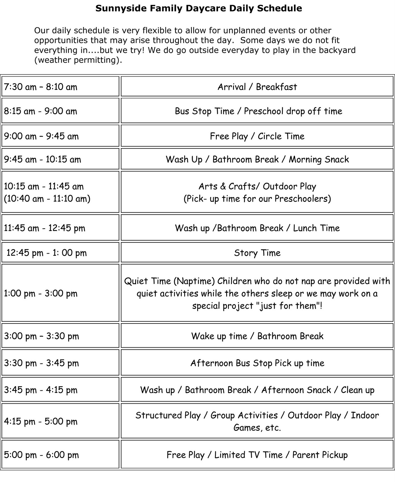 Sample Daycare Daily Schedule