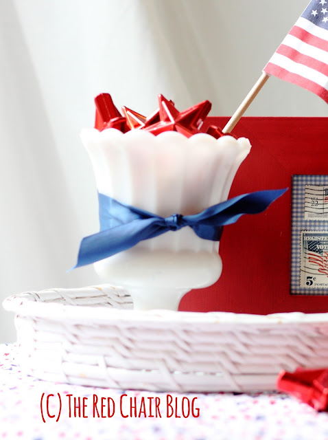 4th of July milk glass decorative vignette at The Red Chair Blog