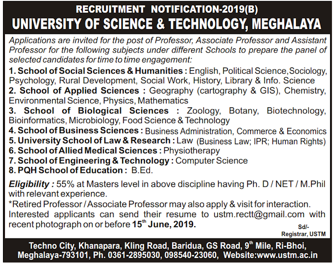 Professor, Associate Professor and Assistant Professor (Law) at UNIVERSITY OF SCIENCE & TECHNOLOGY, MEGHALAYA  - last date 15/06/2019