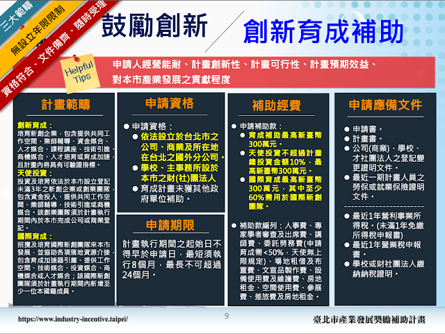 台北市政府創業補助計畫之育成補助