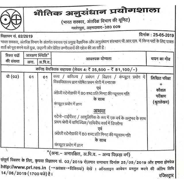 Physical Research Laboratory (PRL), Ahmedabad Recruitment for Junior Personal Assistant Post 2019