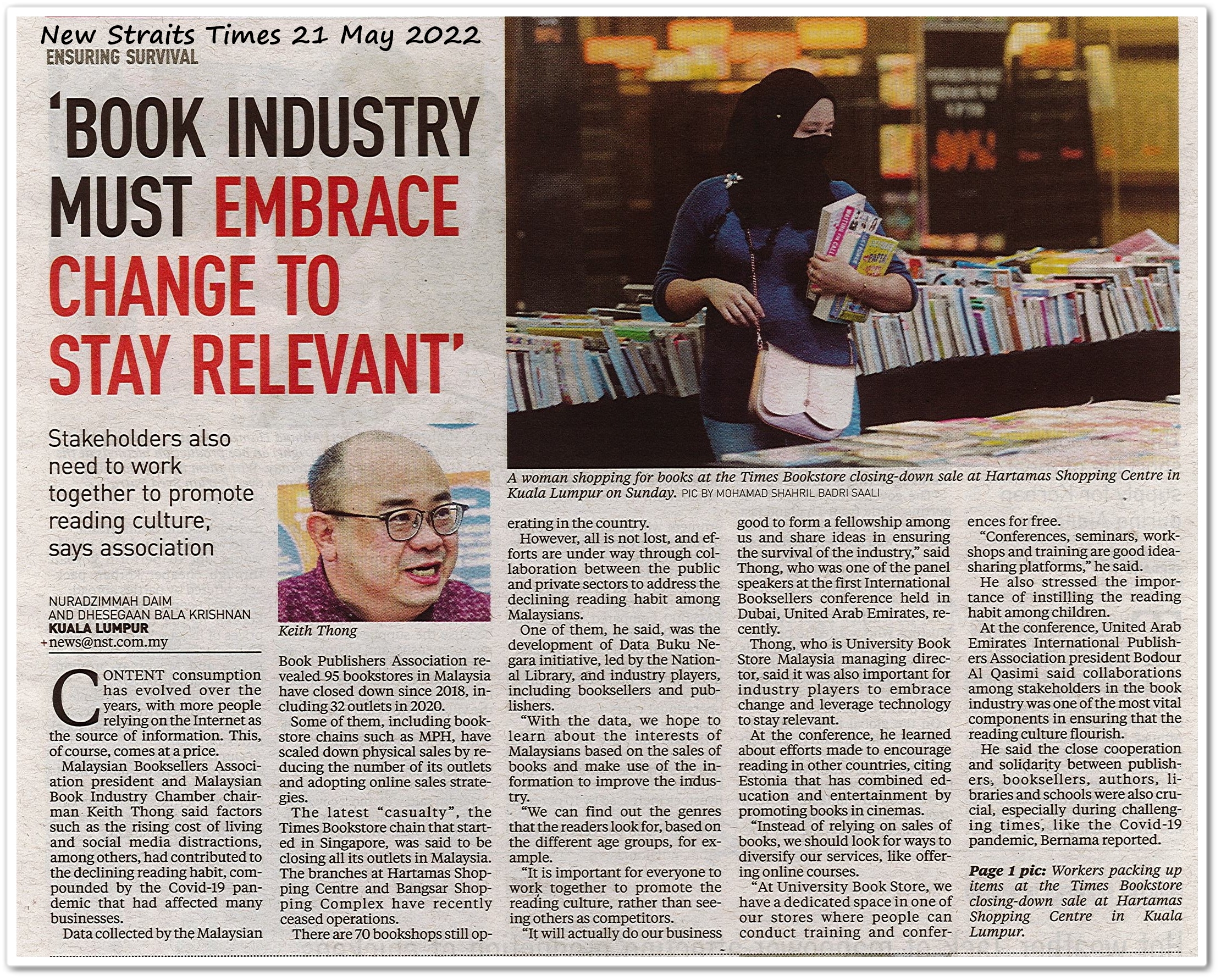 Book industry must embrace change to stay relevant - Keratan akhbar New Straits Times 21 May 2022