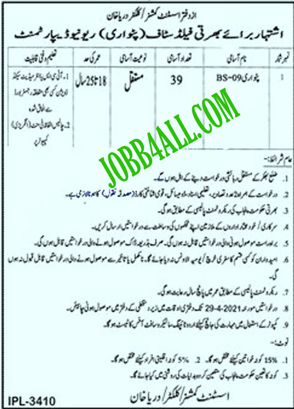 Patwari Jobs 2021 AC Office Bhakkar & Darya Khan in Pakistan