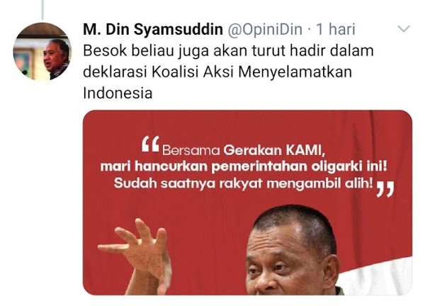 Akun Twitter Din Syamsuddin Ajak Gulingkan Jokowi, Said Didu: Sejak Kemarin Dihack dan Dikendalikan Orang Lain