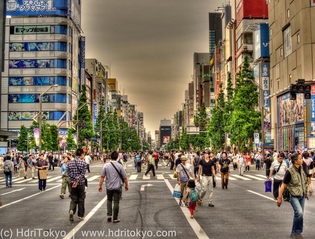 many people walk on the main street of Akihabara electric town in a car free day.