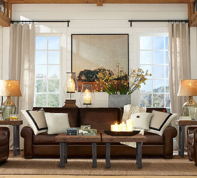 Coppercafe: Potttery Barn's Leather Sofa in a comfortable, nicely accessorized family room.