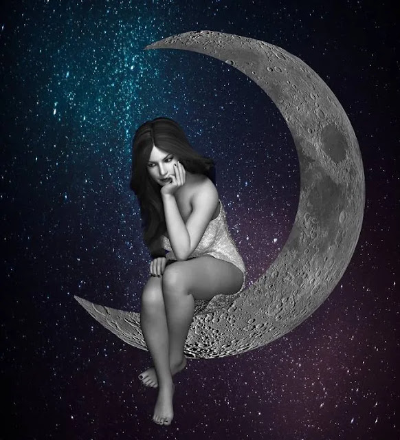An image of a girl sitting on the moon with the stars in behind- sad girl dp