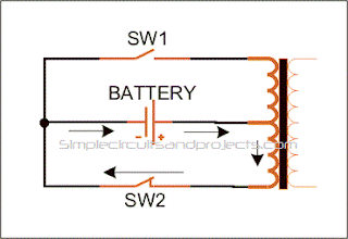 third stage of the process of converting DC voltage to AC using center tapped primary winding transformer
