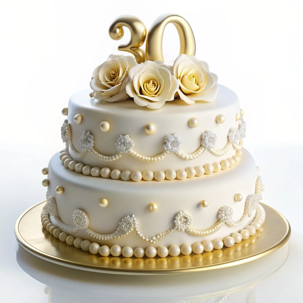  Pastel de aniversario de bodas de 30 años en color blanco decorado con rosas y perlas 