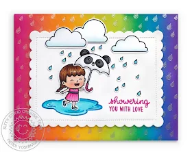 Sunny Studio Blog: Showering You With Love Rainy Day Rainbow Ombre Raindrop Card with Panda Umbrella (using Spring Showers, Rain Showers & Rain or Shine Stamps and Scalloped Square Tag Dies)