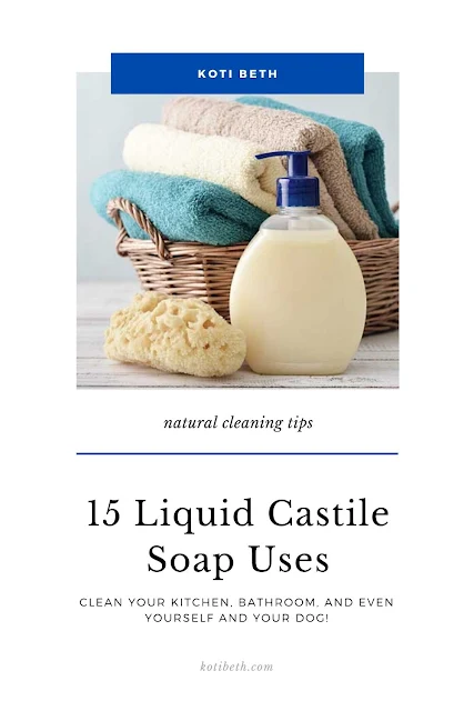 15 Liquid castile soap uses for your home. Get tips and hacks for natural cleaning with just one product.  Use it to clean bathroom, floors, dishes, and even your dog! Save money on supplies and cleaning products and replace them with just one bottle. #naturalcleaning #castile