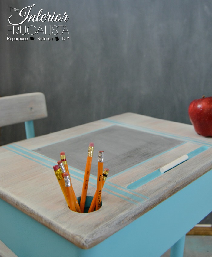 How to upcycle a vintage metal and wood classroom desk with bright turquoise paint and a whitewash finish plus a DIY chalkboard top writing slate.