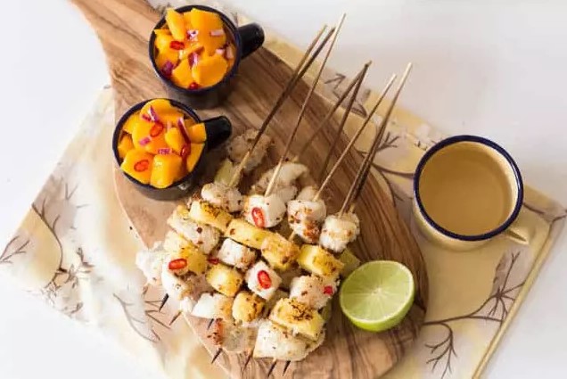 Coconut Encrusted Pineapple And Fish Kebabs With Mango Salsa