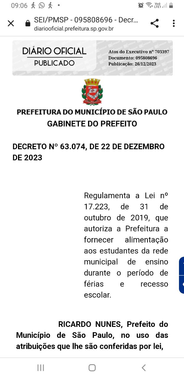 Prefeitura de SP regulamenta o fornecimento de alimentação aos estudantes no período de férias e recesso escolar