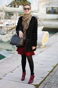 Black faux fur coat, Carven burgundy dress, leopard scarf, Givenchy Antigona bag, Icone burgundy boots, Fashion and Cookies, fashion blogger