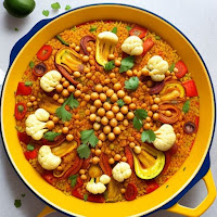 Vibrant photo of a paella pan with roasted cauliflower, zucchini, bell peppers, chickpeas, and saffron-infused rice. Vegetarian paella recipe with roasted vegetables and chickpeas
