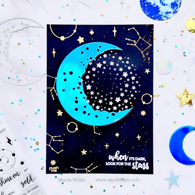 video tutorial,cards,ink,cardmaking,stamping,Tonic Studios USA,Cardbomb,maria willis,paper,Tonic Studios,Shoot for the Stars,stamps,Shoot for the Moon,Tonic Studios Stamp Club,