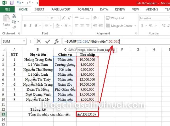 Tổng hợp thống kê bằng cách sử dụng hàm SUMIF trong Excel