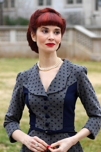 Stop Staring Unique Vintage Leonora Navy Polka Dot Suit Dress