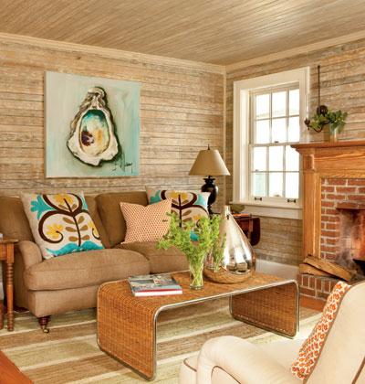 cottage living room with colorful art
