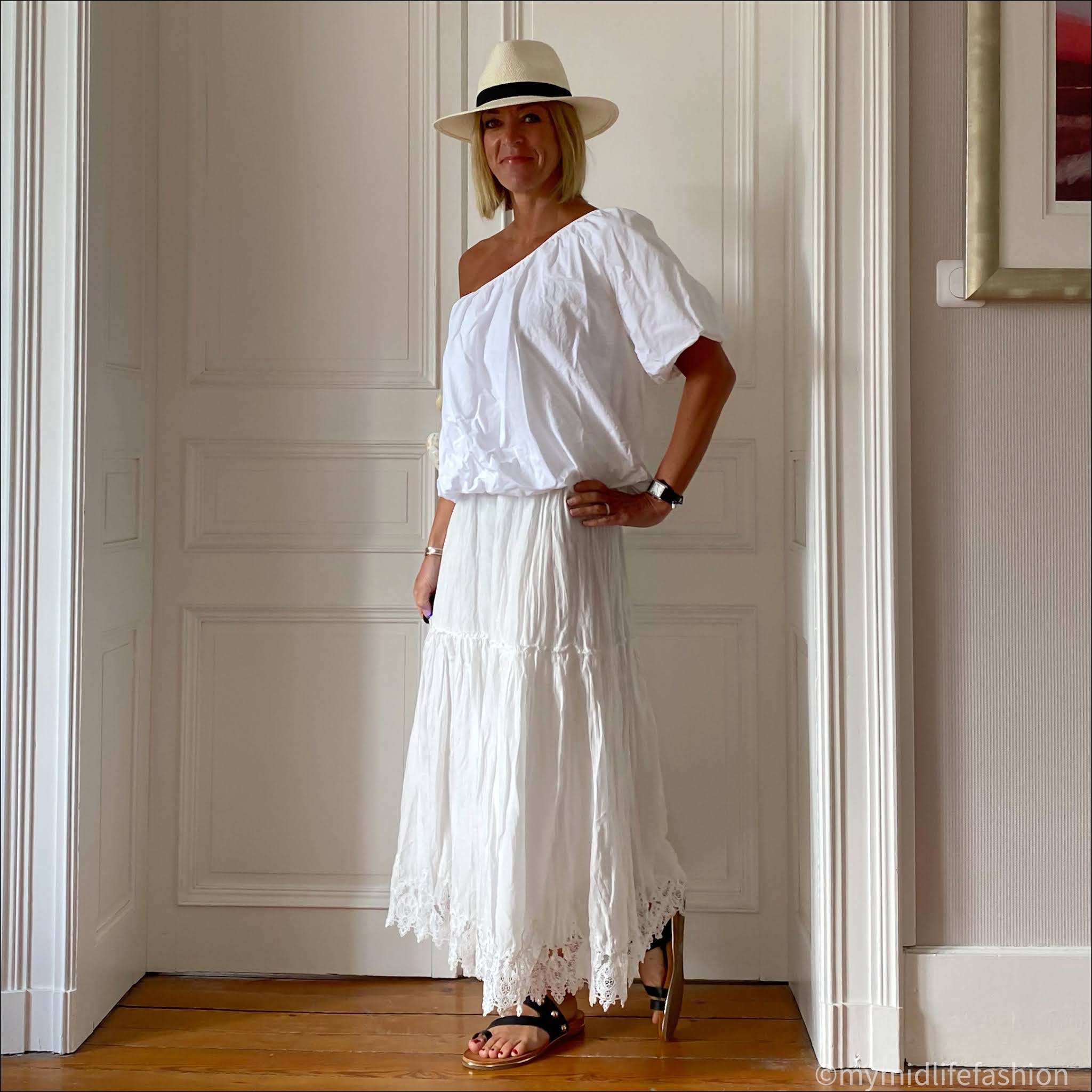 my midlife fashion, carvela karafe sandals, Zara long crochet skirt, Zara Panama hat, Zara one shoulder top