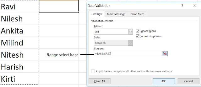 create-Drop down-list-data validation- excel