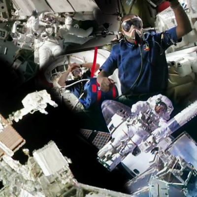 Shuttle Discovery’s Mission STS-133: Collage based on Spacewalk preparations removing gases from the blood before isolation period, leading to spacewalk. Astronauts Bowen and Drew at ISS. NASA, 2011.