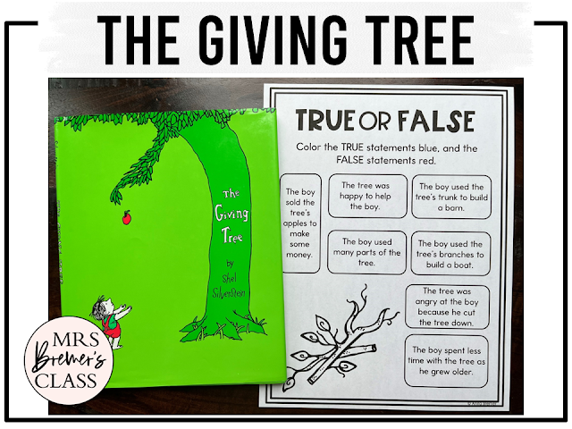 The Giving Tree book activities unit with literacy printables, reading companion worksheets, and lesson ideas for Kindergarten and First Grade