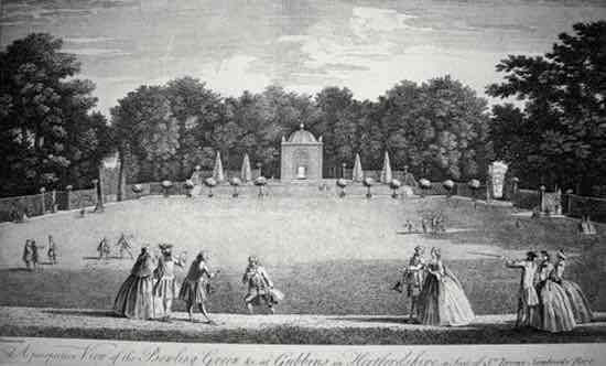 Figure 1. ‘A perspective View of the Bowling Green &c. at Gubbins in Hertfordshire, a seat  of Sr. Jeremy Sambrooke Bart.’, an engraving (1748) by Jean Baptiste Chatelain.  Courtesy: Hertfordshire Archives and Local Studies (Permission to use image pending)