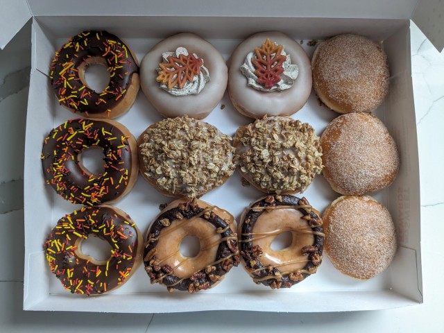 Top-down view of Krispy Kreme Flavor of Fall Donuts.