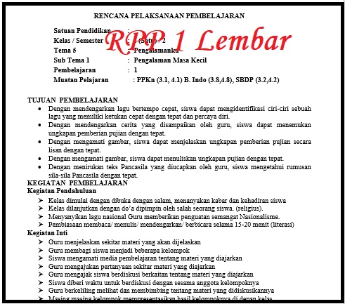 Rpp 1 Lembar Kelas 6 Semester Genap Edukasinfo Net